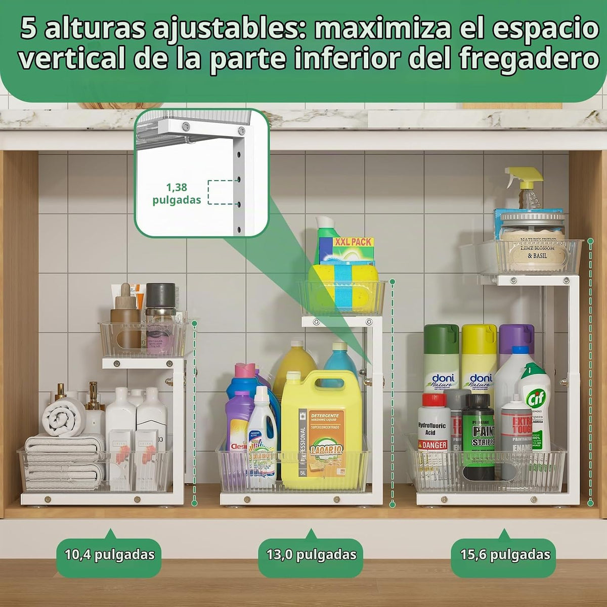 ADRIMER Organizador para debajo del fregadero, 2 paquetes, organiza...