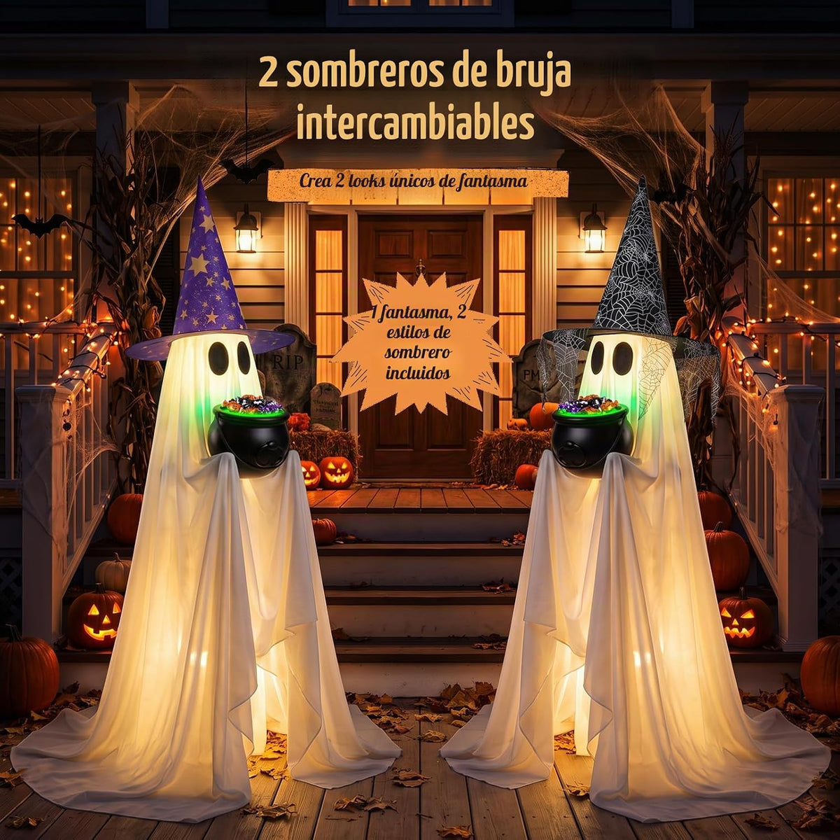 Decoración de fantasmas de dulces de Halloween con caldero iluminad...
