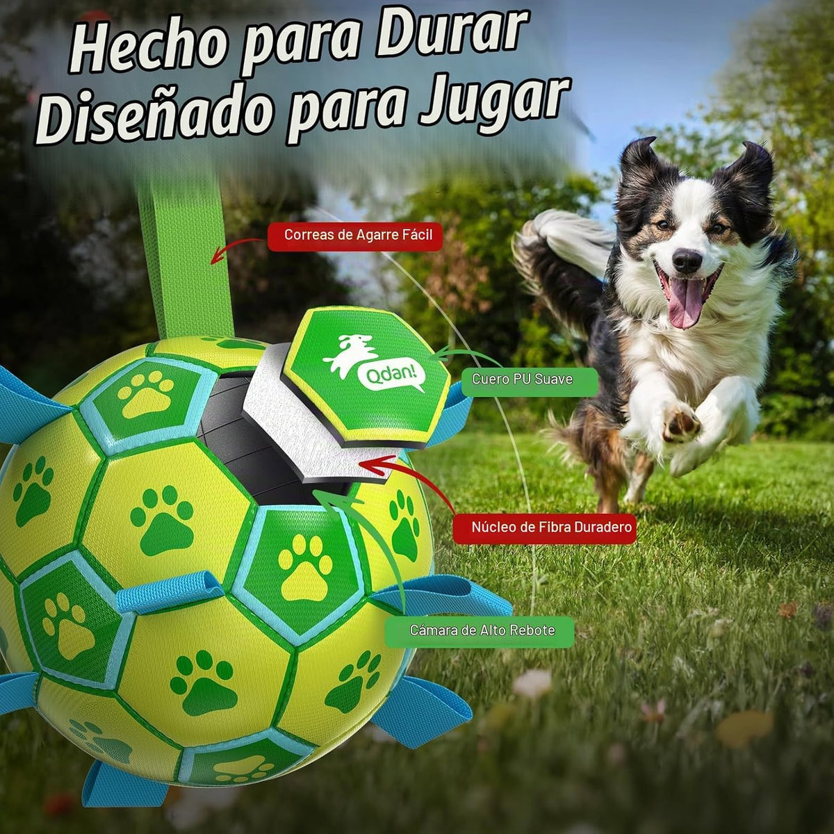 QDAN - Pelota de fútbol para perros, juguete de tirar para perros,...