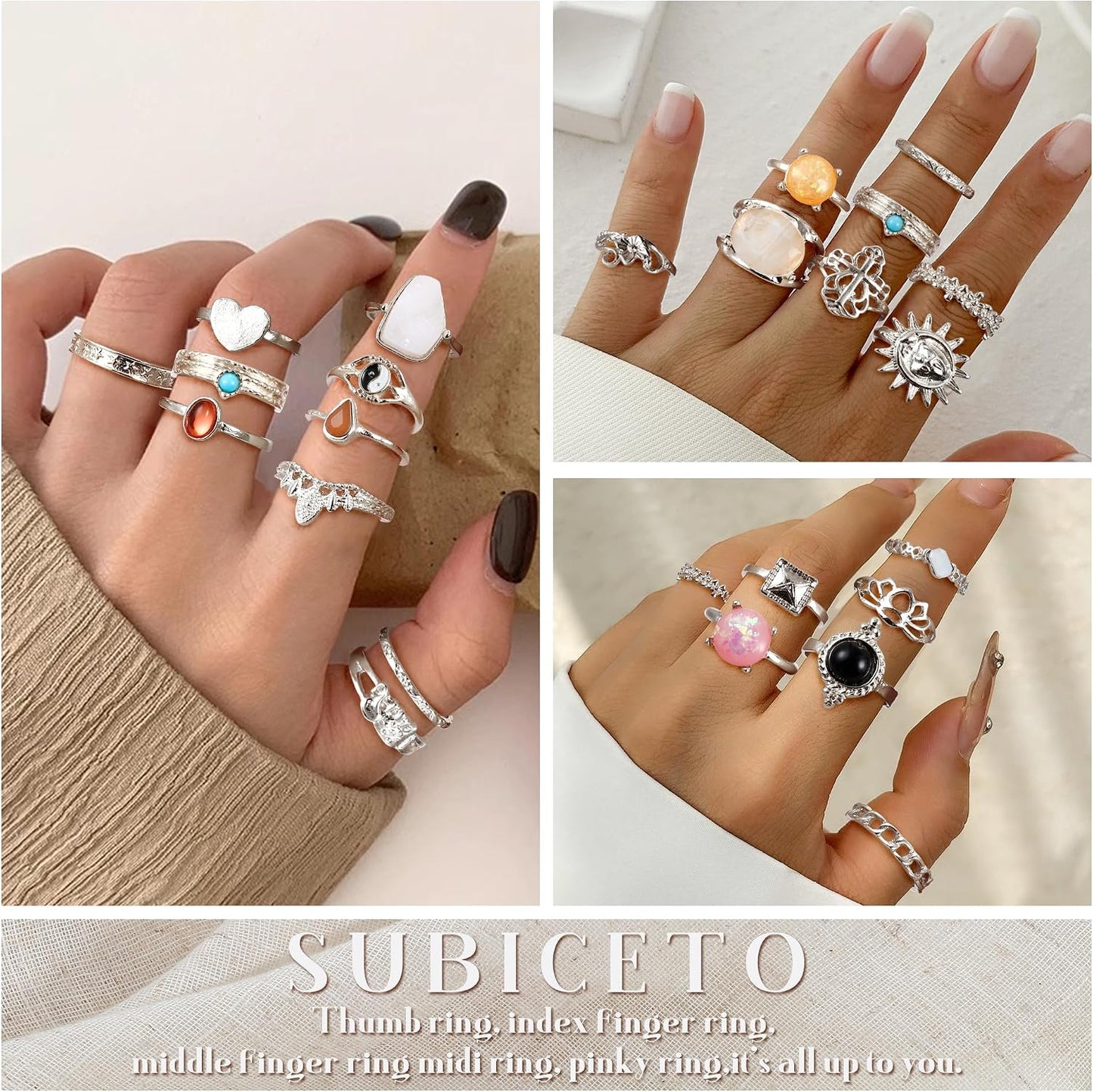 Subiceto Juego de 70 anillos de nudillos de cristal vintage para mu...