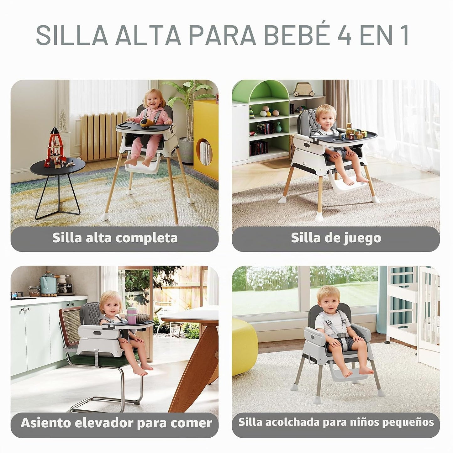 Silla alta 4 en 1 para bebés y niños pequeños, asiento elevador con...