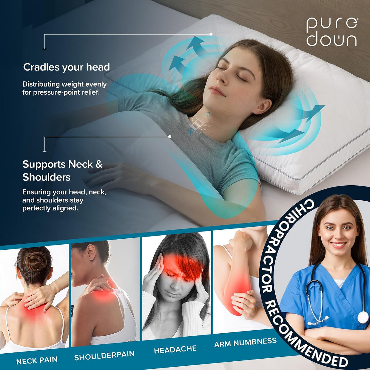 puredown® - Juego de 2 almohadas con plumón y plumas de ganso con r...