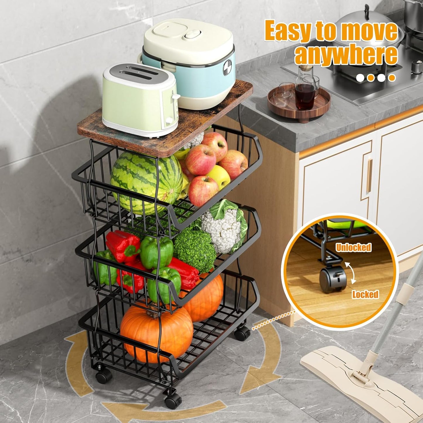 Gsiekare Cesta de frutas y verduras de 4 niveles para cocina con ru...