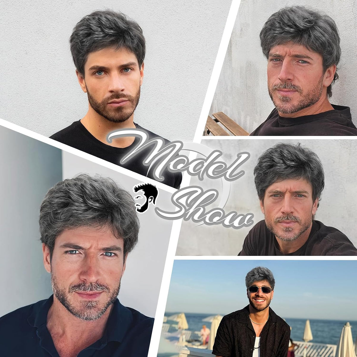 BCHR Peluca corta gris oscuro para hombre, peluca de cabello sintét...