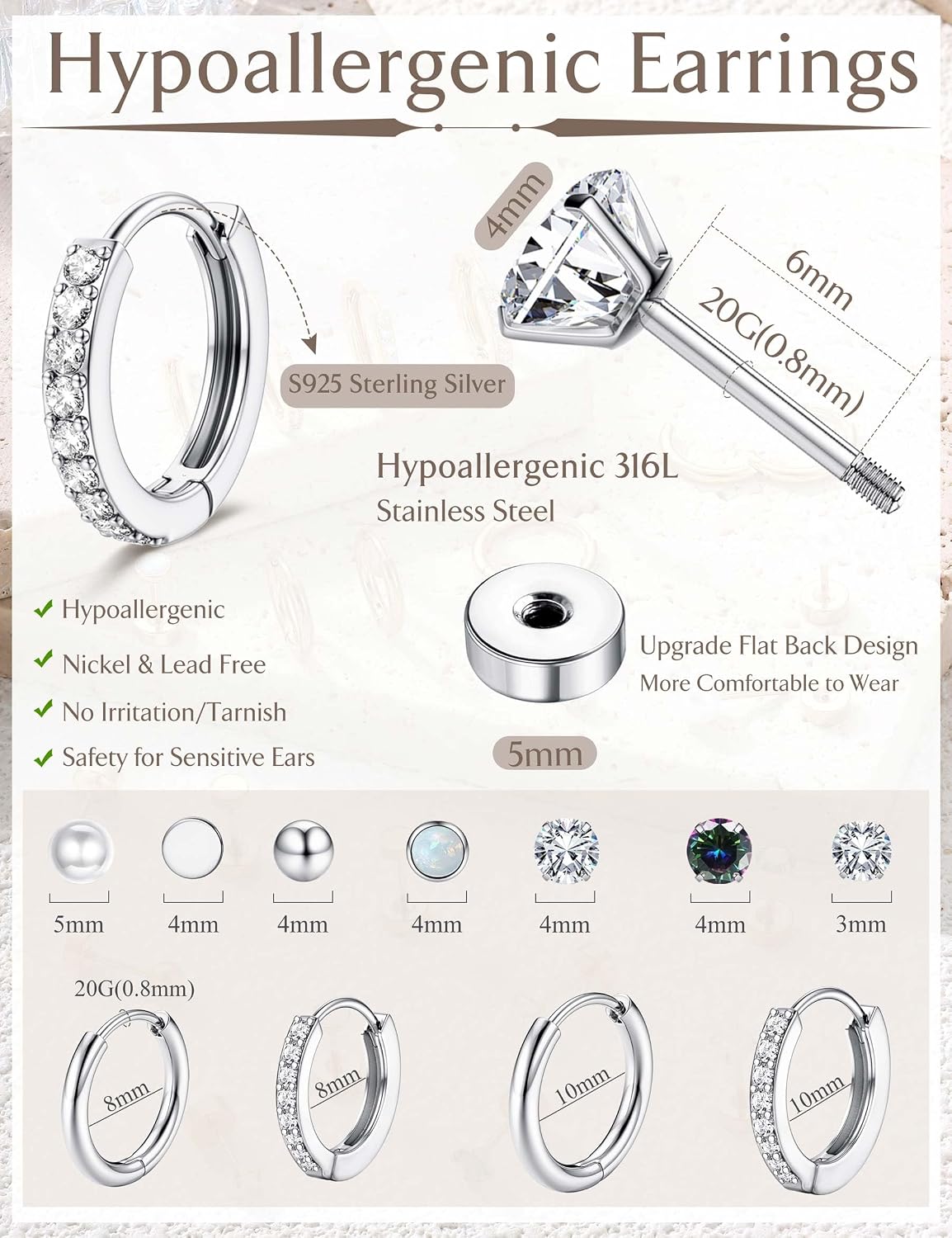 Jstyle Aretes de tuerca con aro hipoalergénicos para mujer, pequeño...