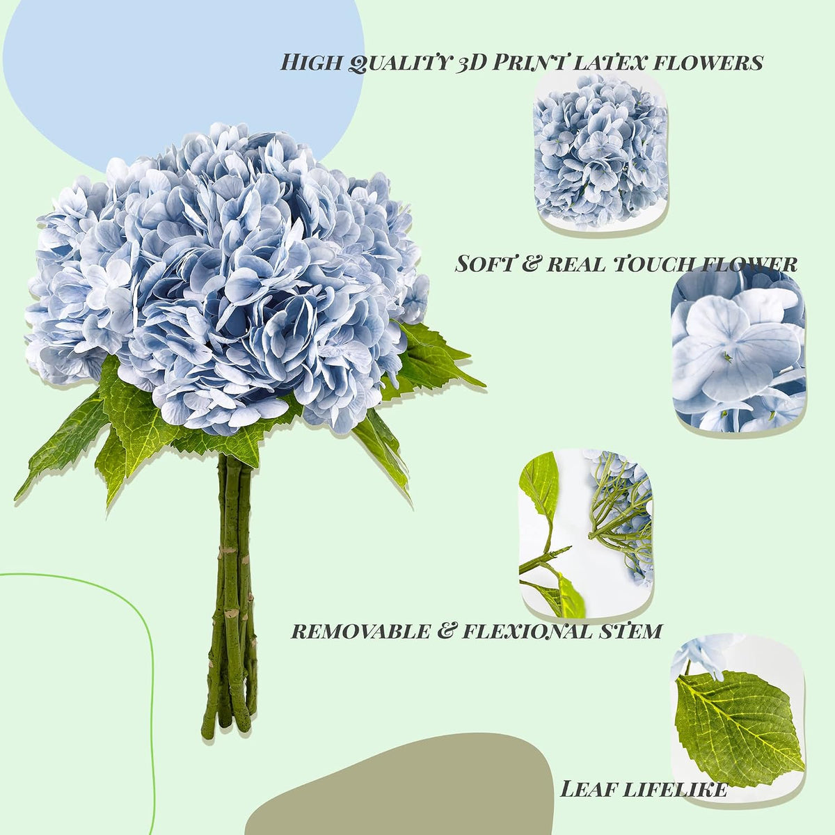Yatim Hortensias artificiales azules de 21 pulgadas con tallos 5 pi...