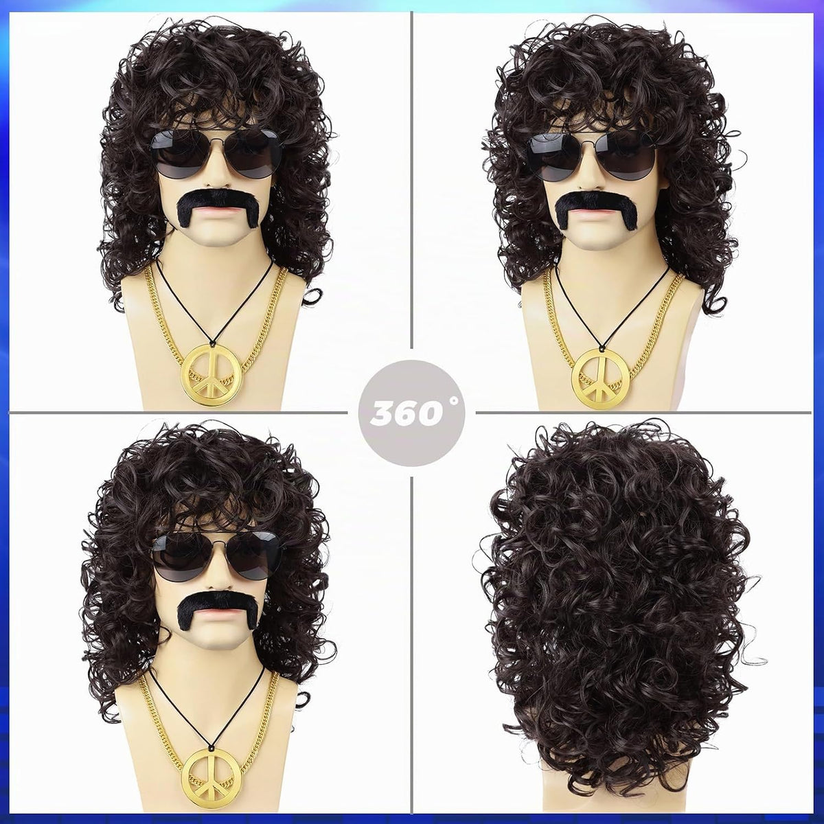 Guree Hair Peluca rizada para hombre + lentes + cadena dorada + col...