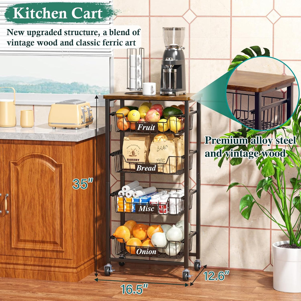 OKZEST Carrito de almacenamiento de cocina de 5 niveles con 4 cajon...