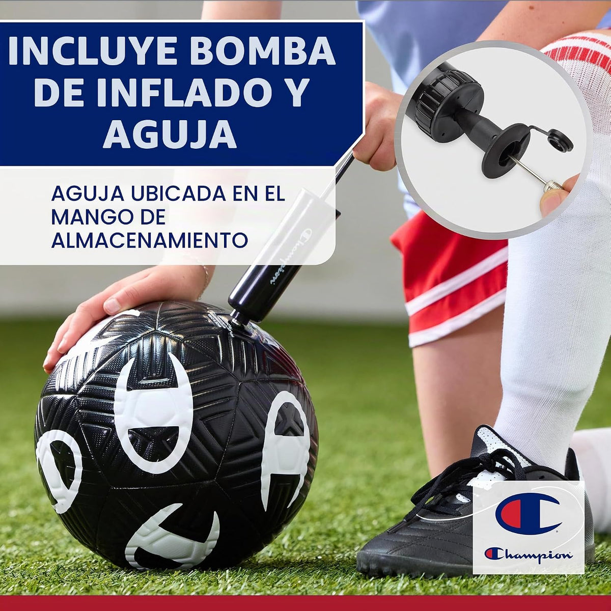 Champion Playmaker Logo Balón de fútbol desinflado con bomba, balón...