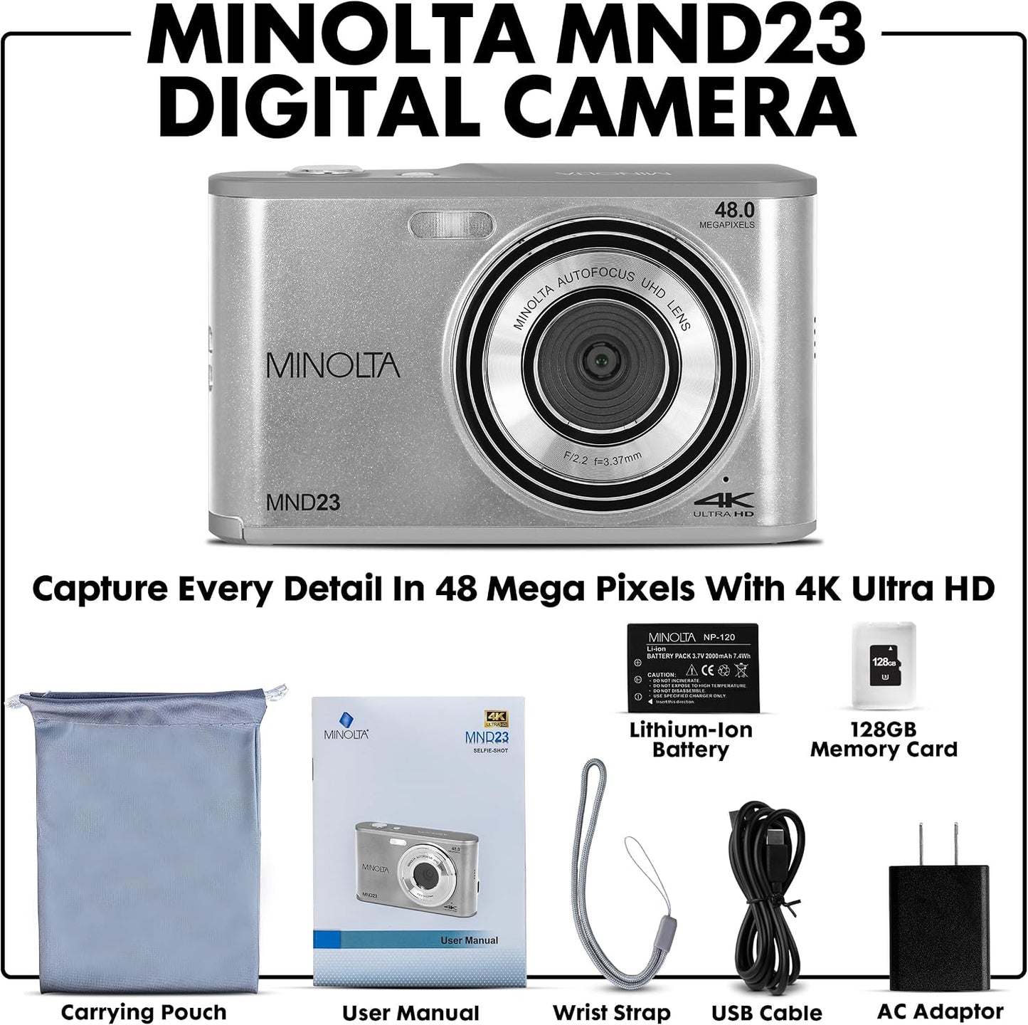 Minolta Cámara digital de 48 megapíxeles con lente selfie trasera \...