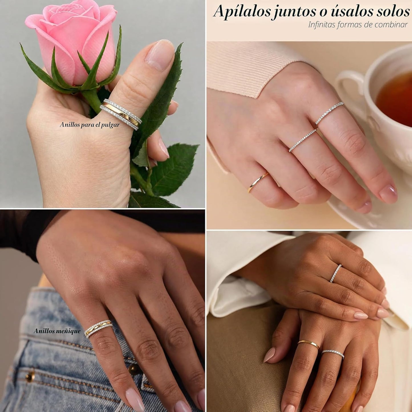 Purplepig Anillos apilables para mujer, no se deslustran, juego de...