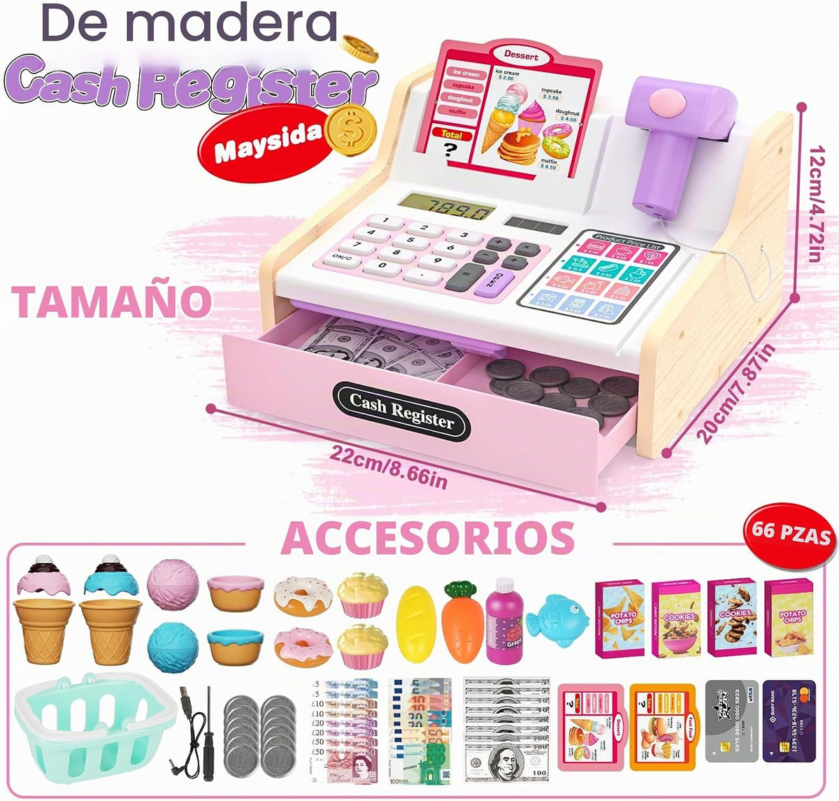 Caja registradora de madera 2027 para niños, caja registradora con...
