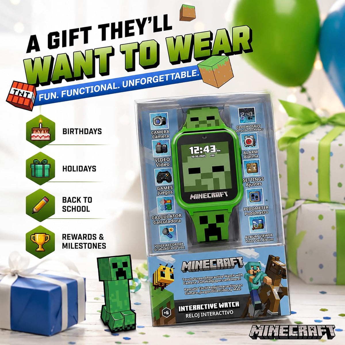 Minecraft - Reloj inteligente para niños, reloj interactivo con pan...