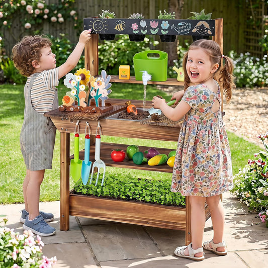 Costzon Cocina de barro al aire libre para niños, banco de madera p...