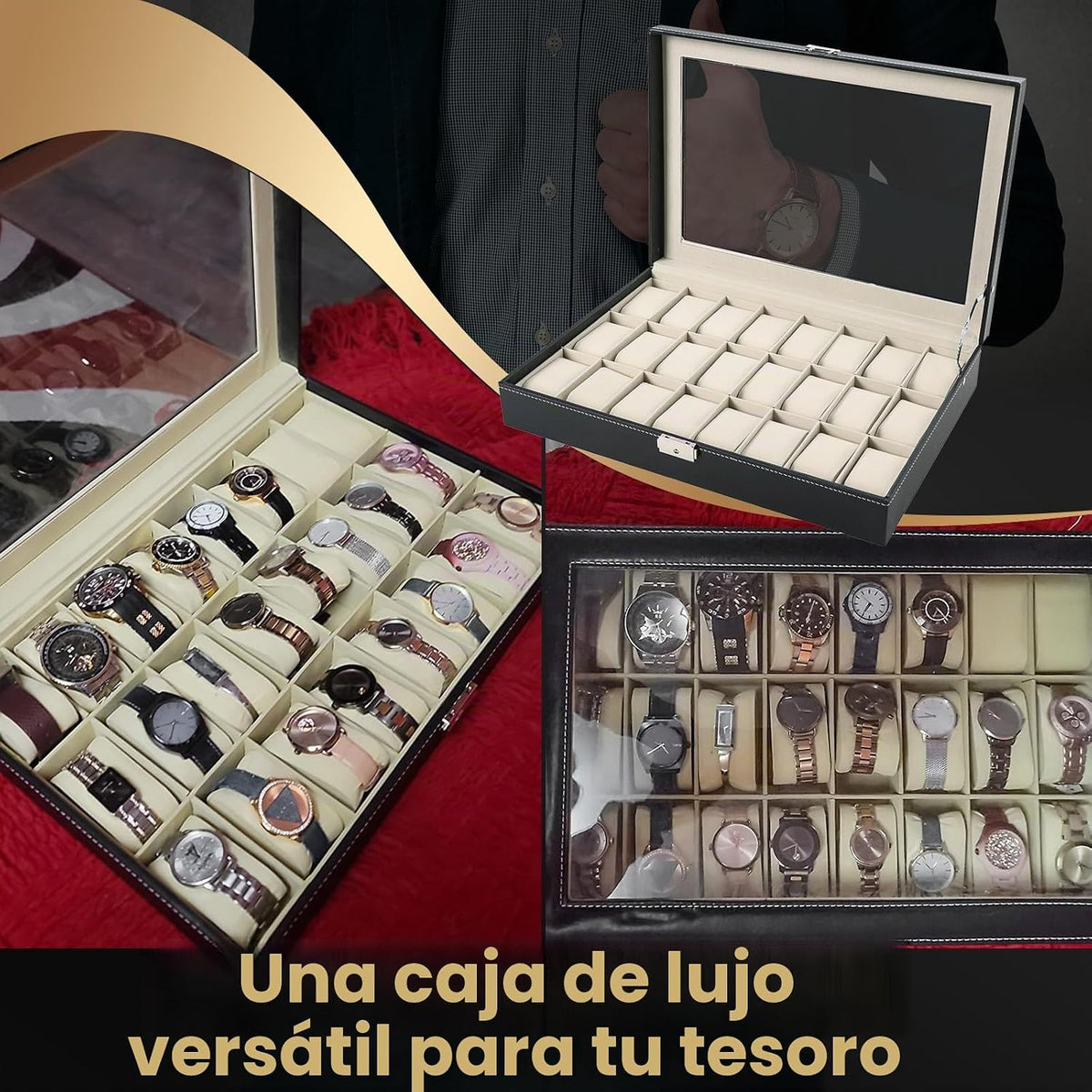 Caja de Reloj AMGSH 24 Ranuras Elegante Portátil Negra para Colecci...