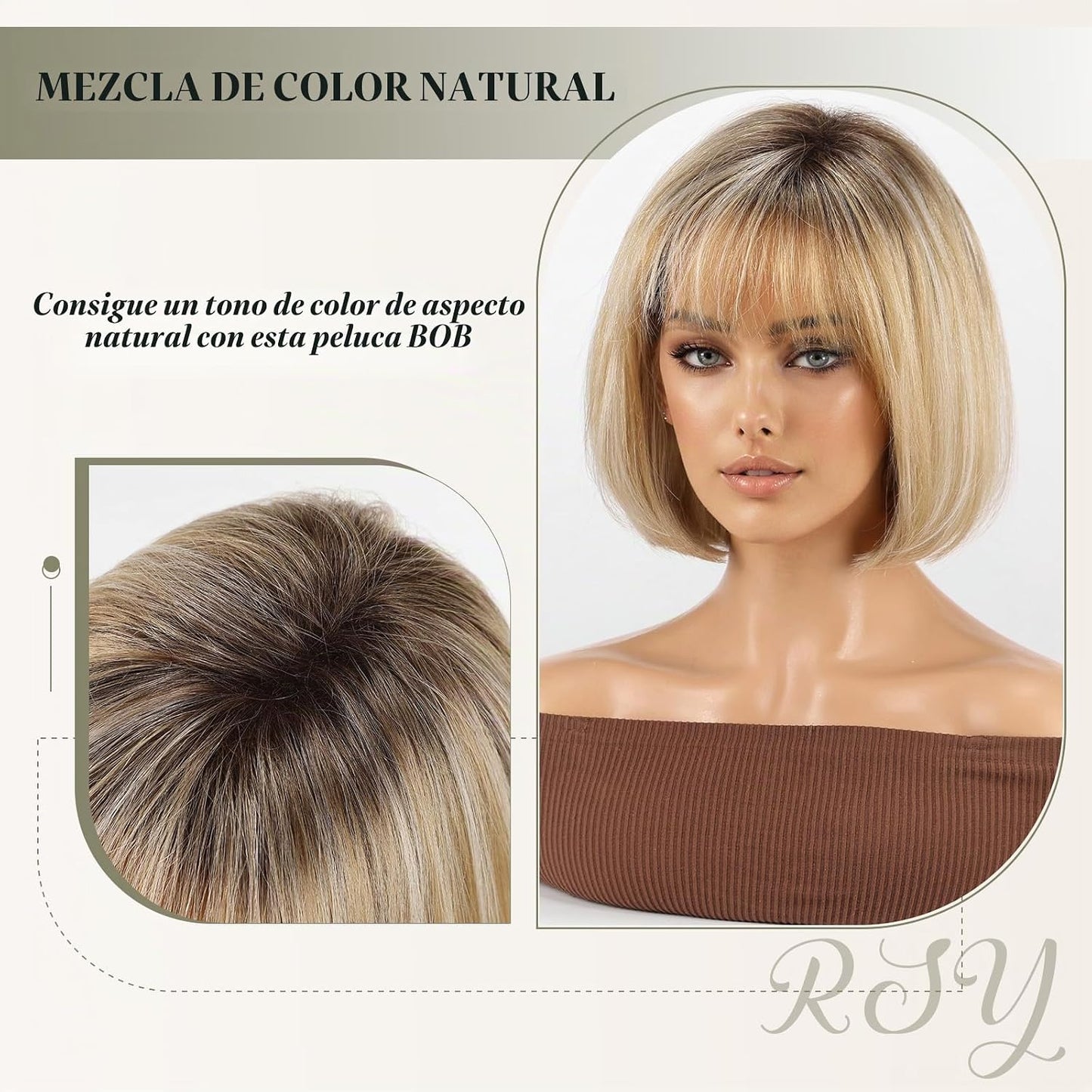 RSY Peluca de mezcla de cabello humano estilo Bob, pelucas de fibra...