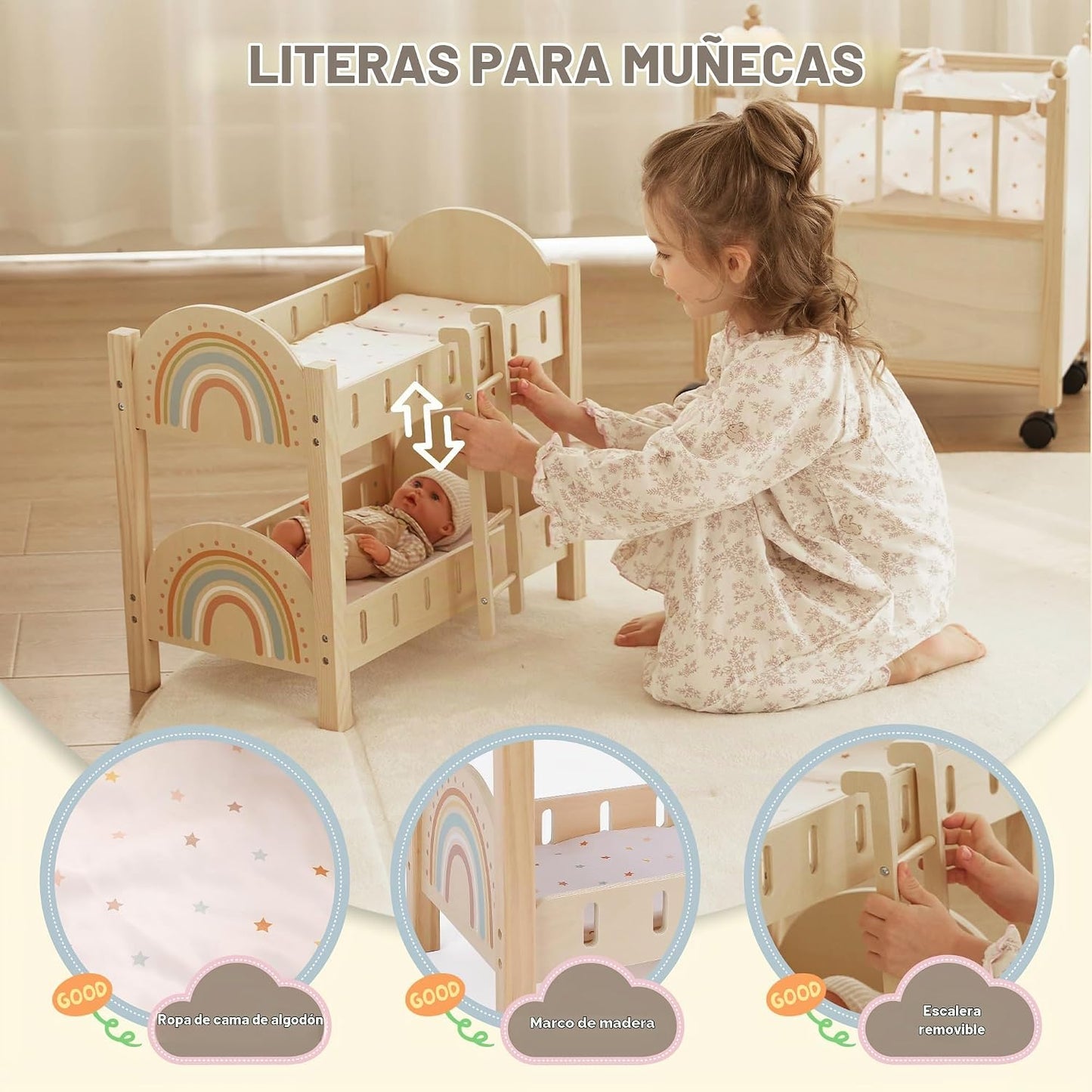 Freniland Litera de madera para muñecas con escalera y ropa de cama...