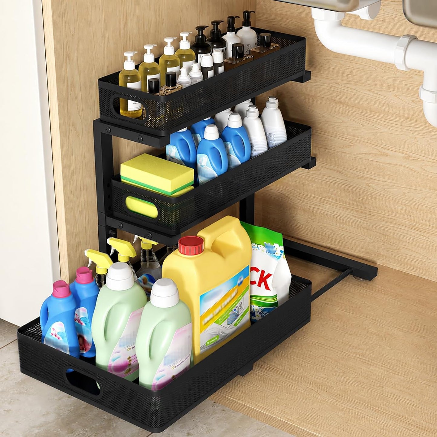 HELLKOPF Organizador de tres niveles para debajo del fregadero, bañ...