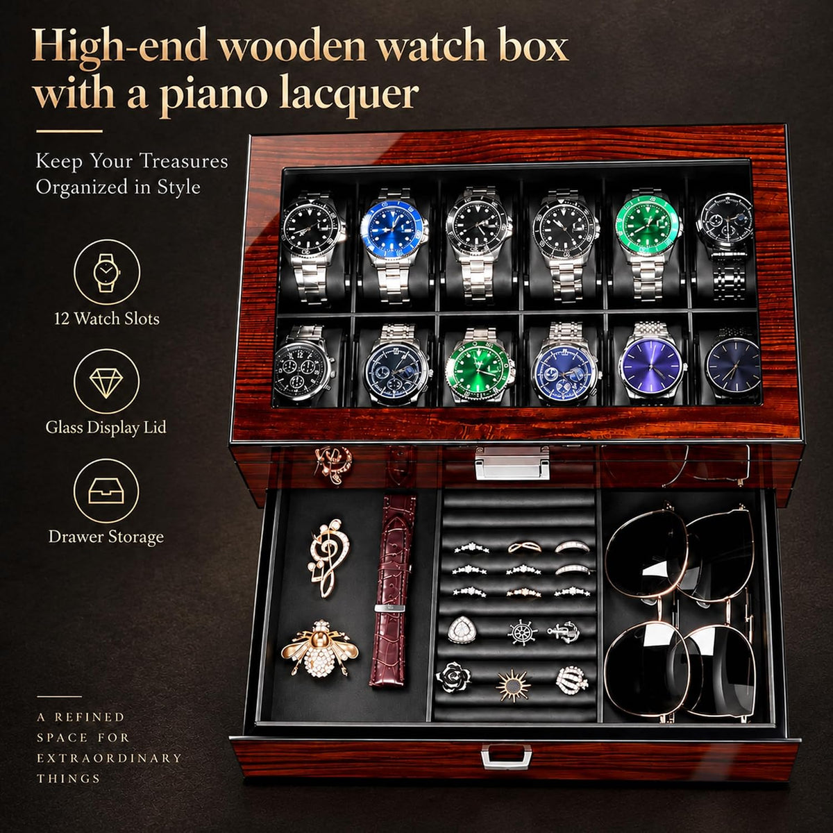 BEWISHOME Estuche de reloj de alta gama, caja de reloj de 12 ranura...