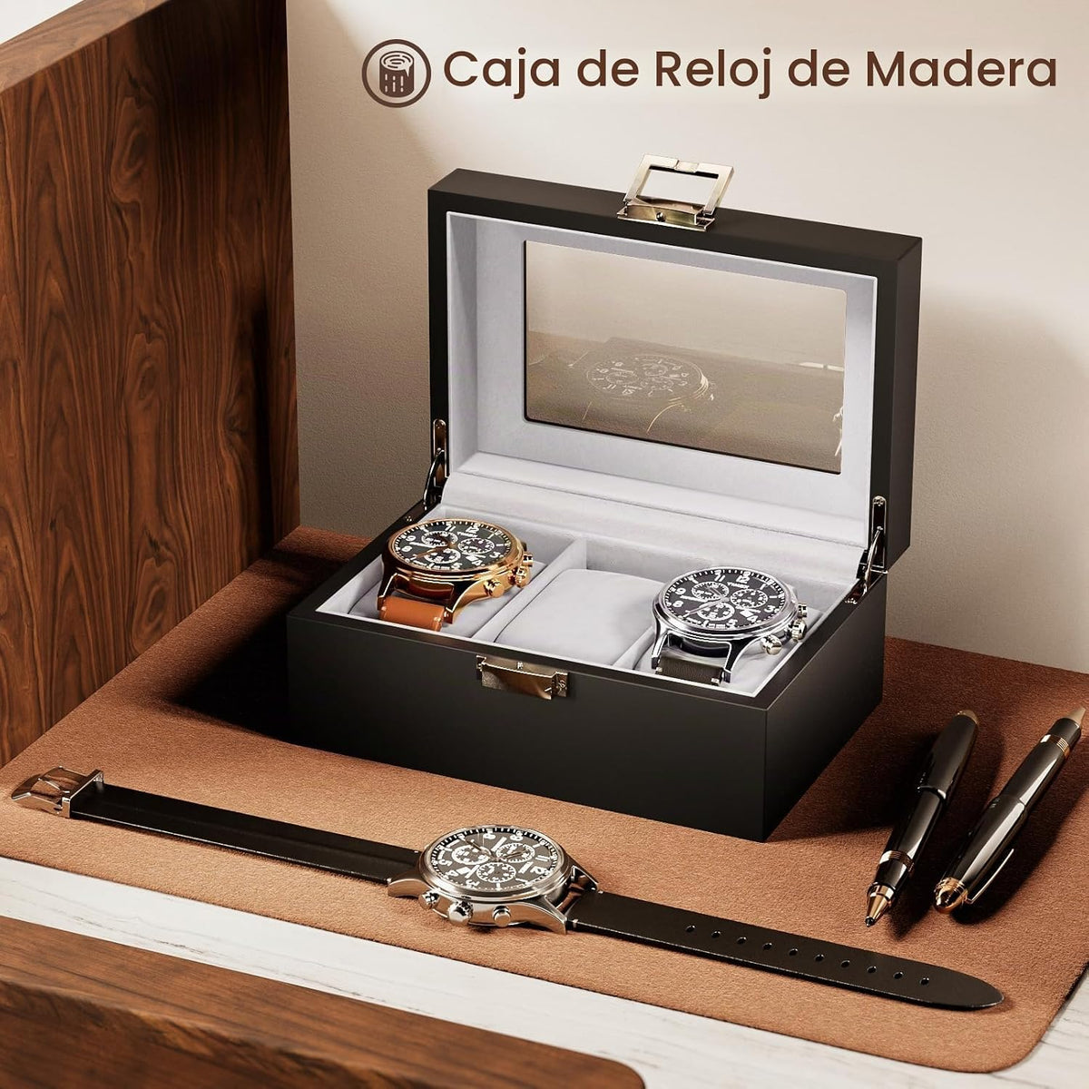 ProCase Caja de reloj de madera para hombre, vitrina de 3 ranuras p...