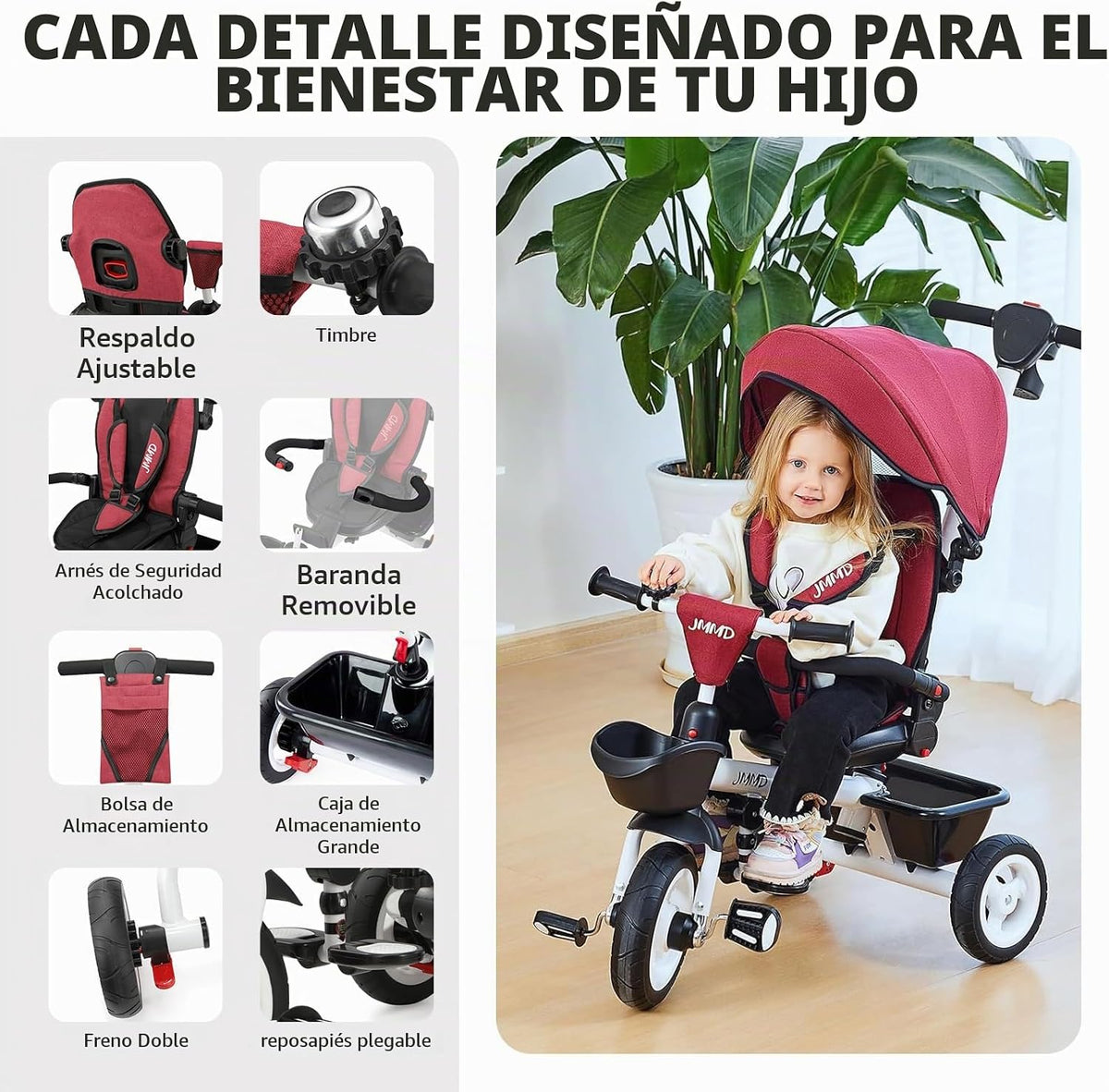 JMMD Cochecito de triciclo 7 en 1 con asa de empuje, triciclo de be...