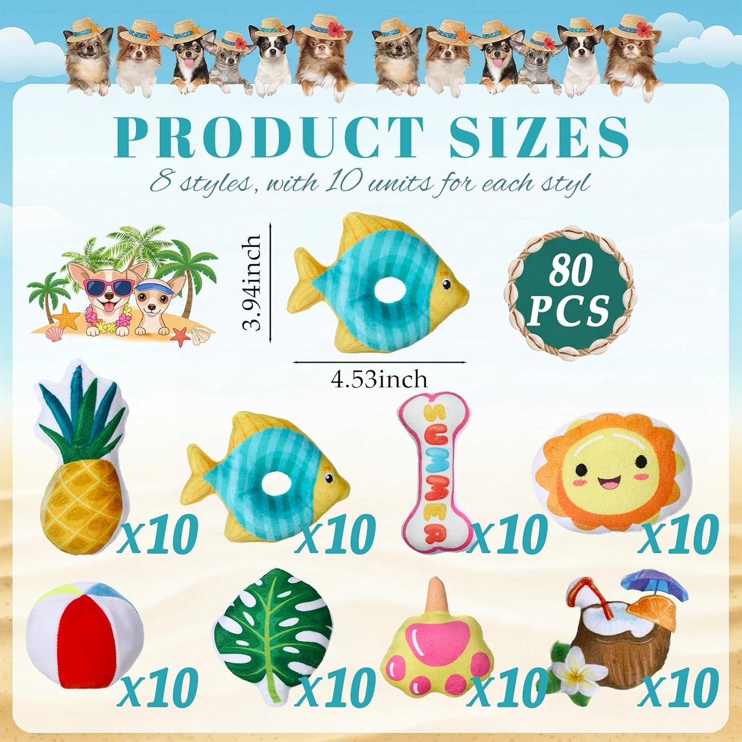Soulchen Juego de 80 juguetes de verano para perros, juguetes chirr...
