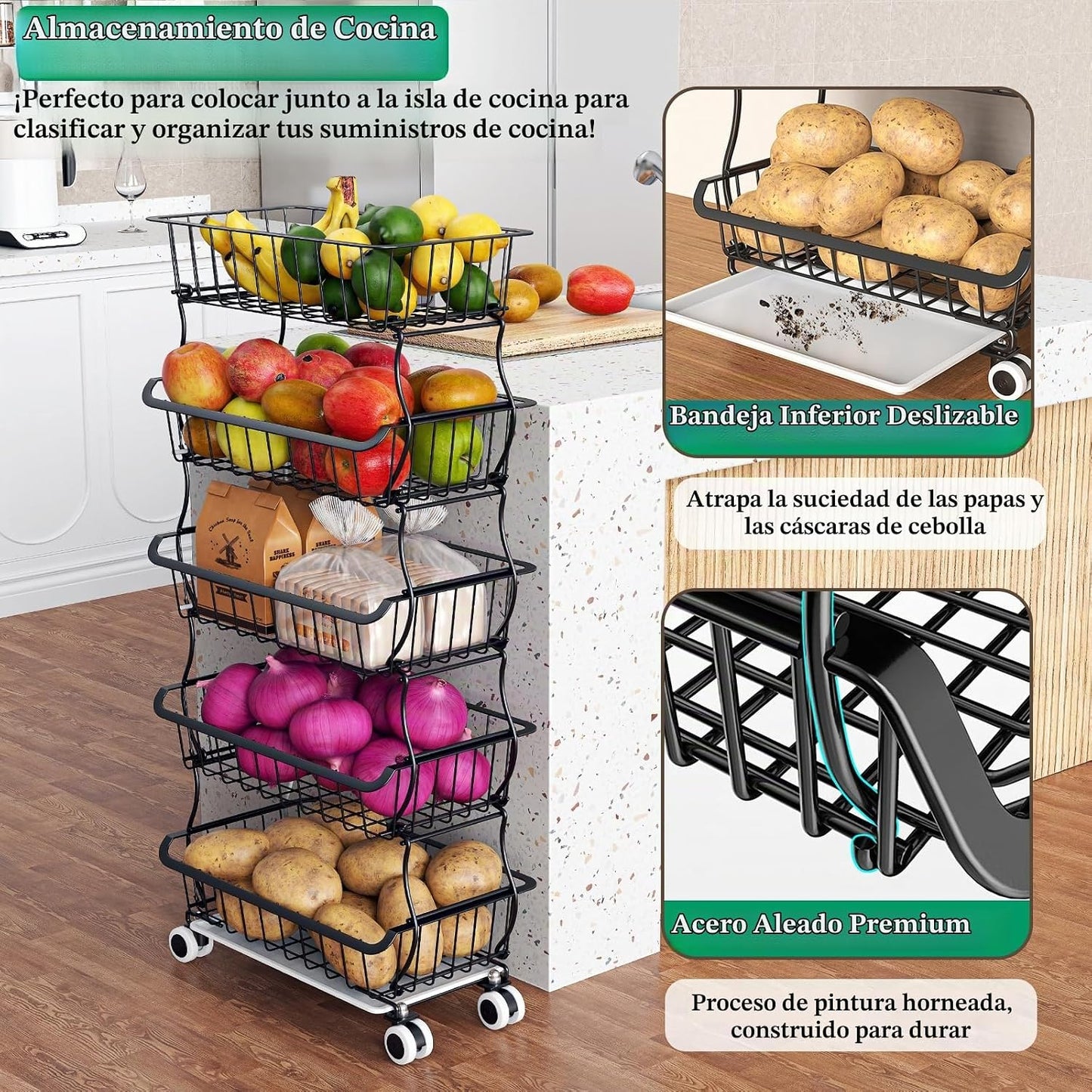OKZEST cesta de frutas de 5 niveles para cocina, estante organizado...