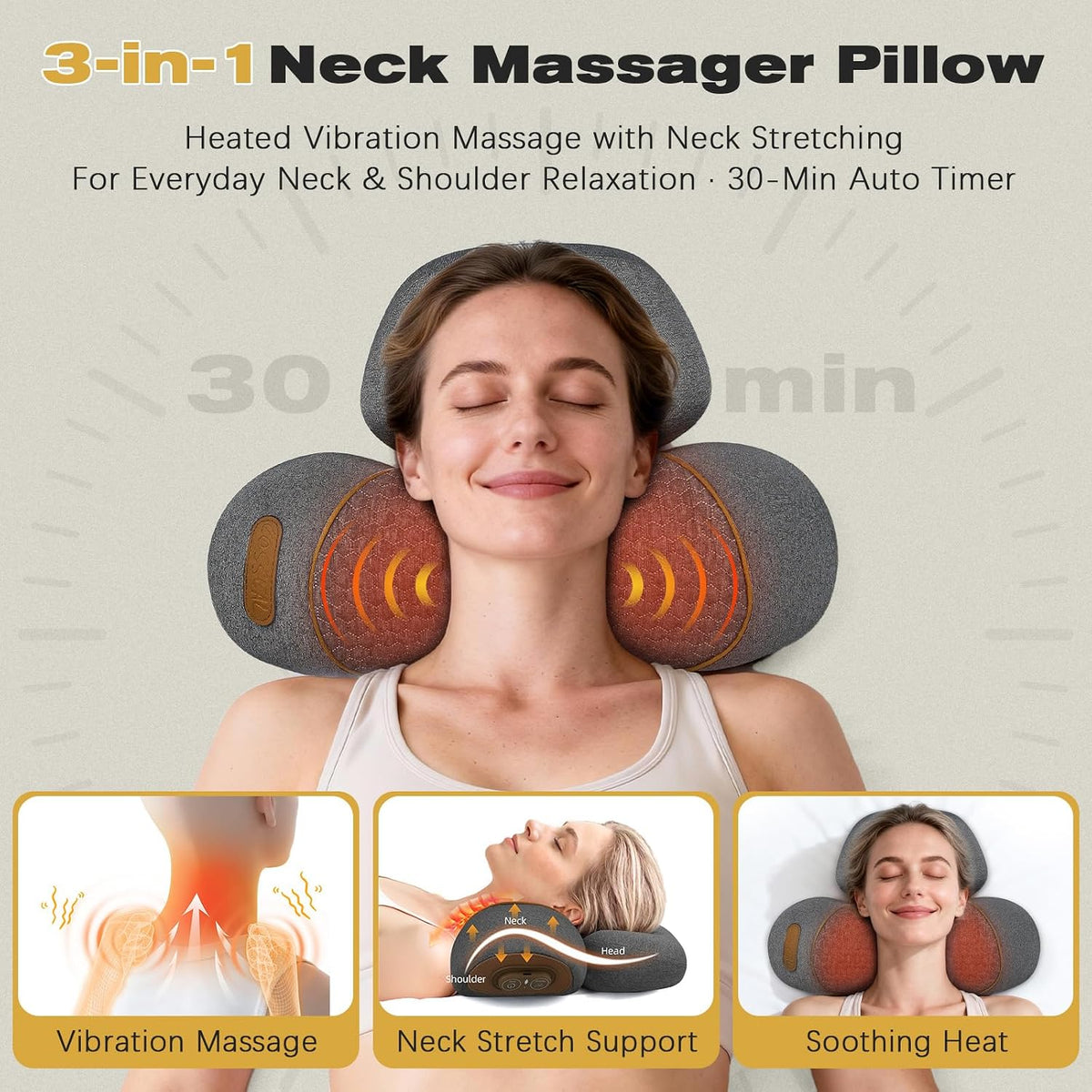 Almohada masajeadora de cuello 3 en 1 para aliviar el dolor, masaje...