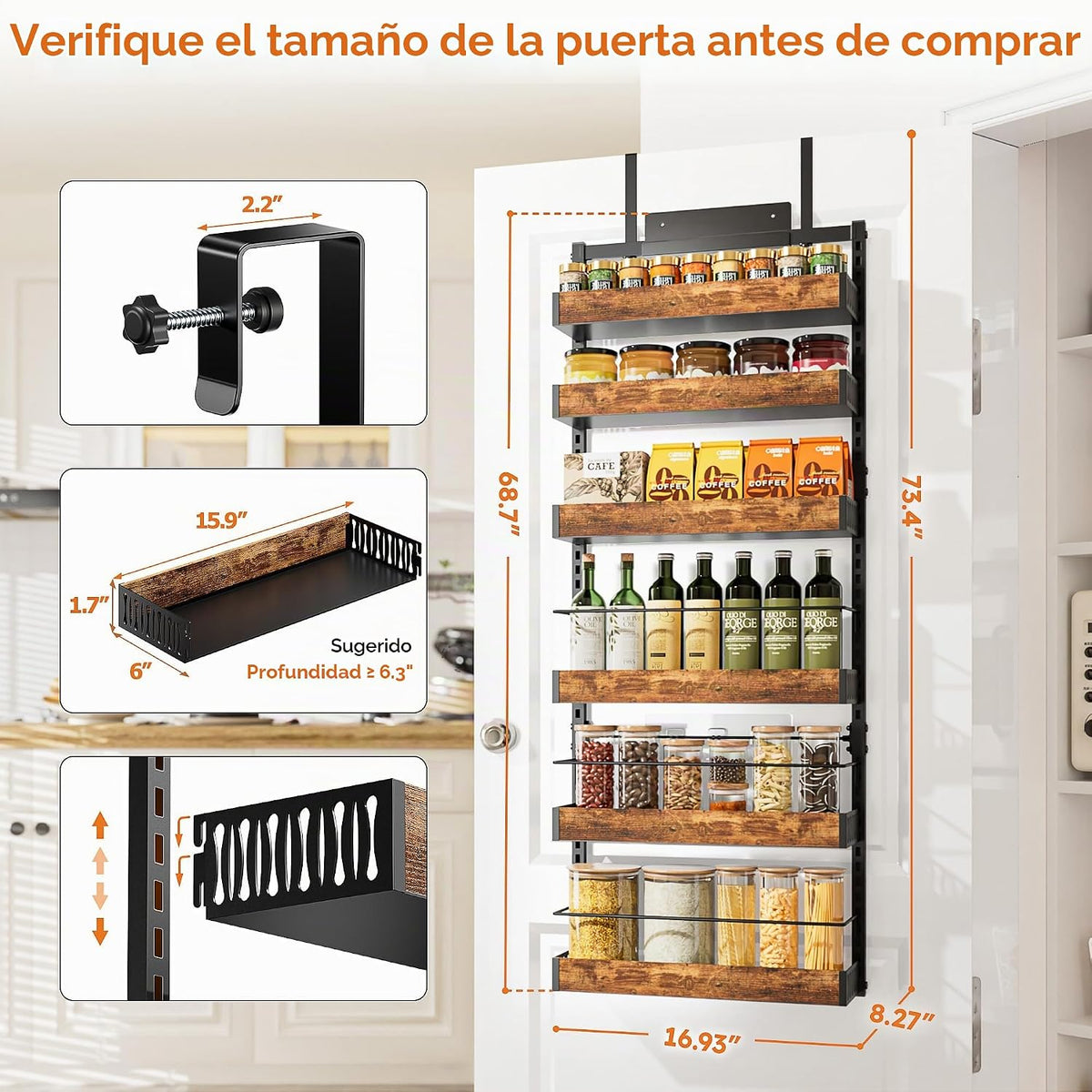 Organizador de puerta de despensa de 6 niveles, cesta ajustable de...
