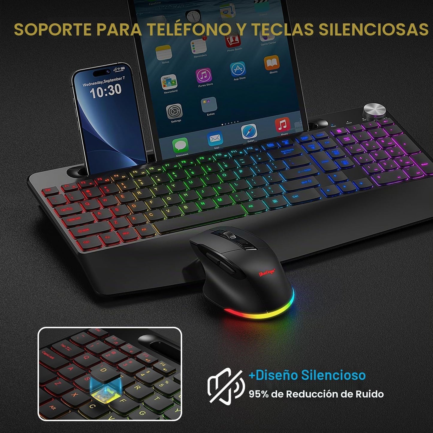 BlueFinger Combo de teclado y mouse inalámbricos retroiluminados, t...