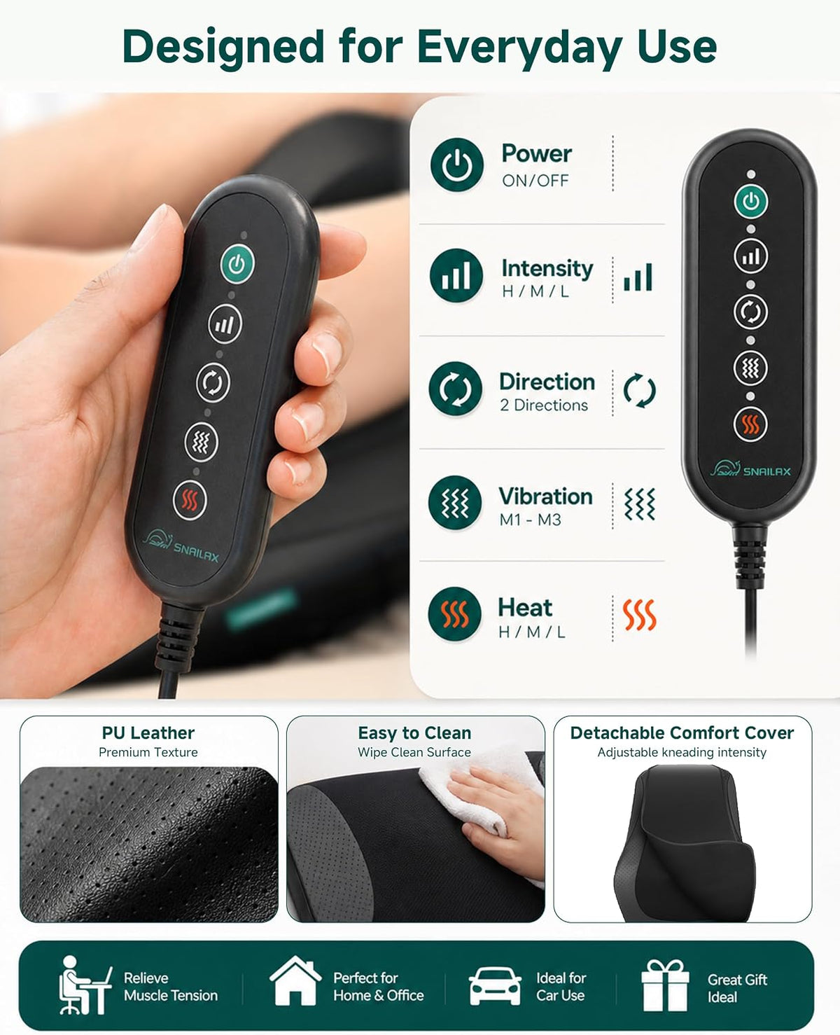 Snailax Masajeador de espalda Shiatsu 4D con calor, masajeador prof...