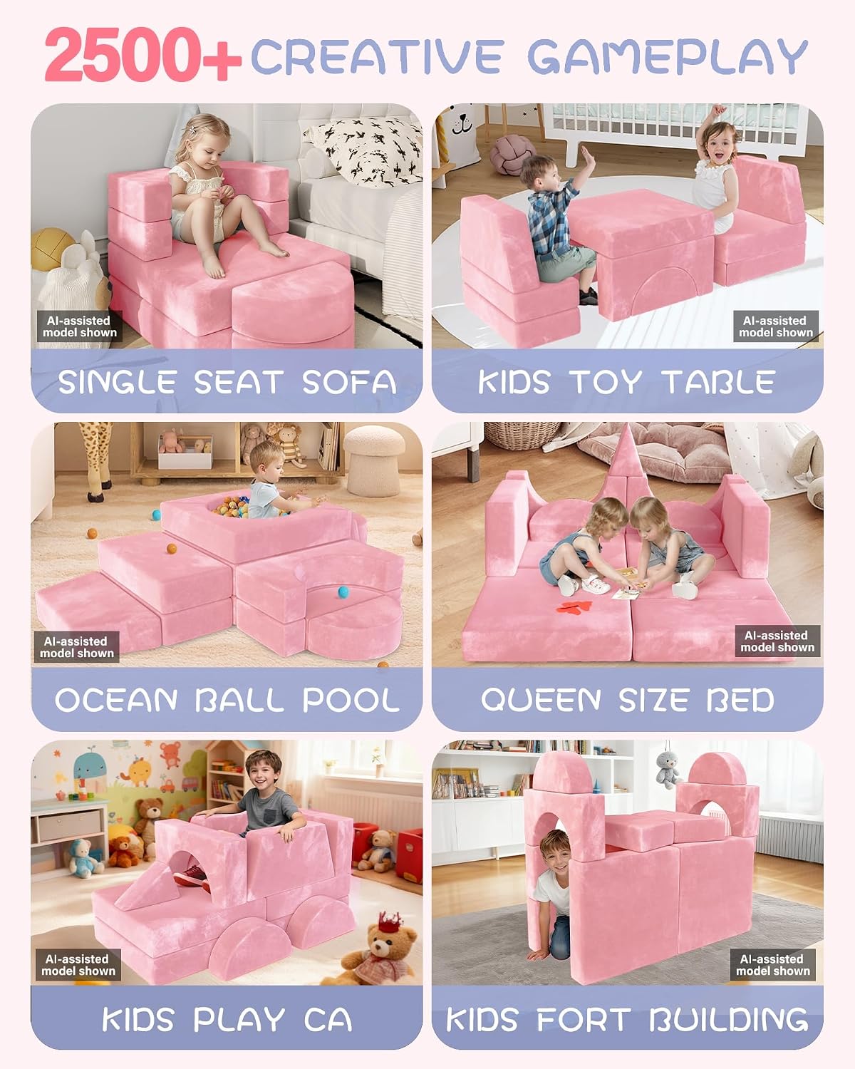YEFU Sofá modular de juego para niños de 15 piezas, más de 1000 jue...