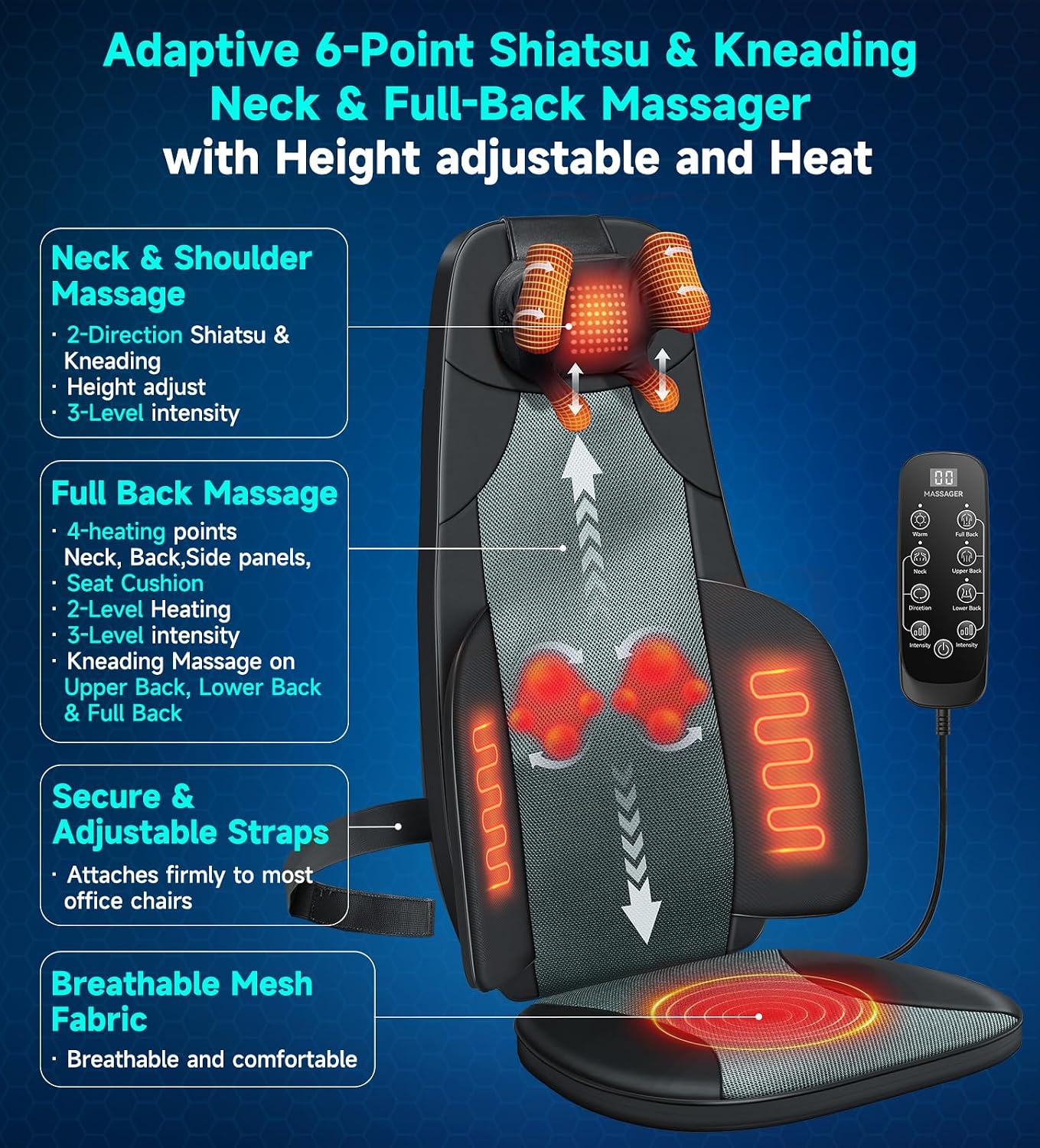 Flekzo Shiatsu - Almohadilla masajeadora de espalda con calor de 4...
