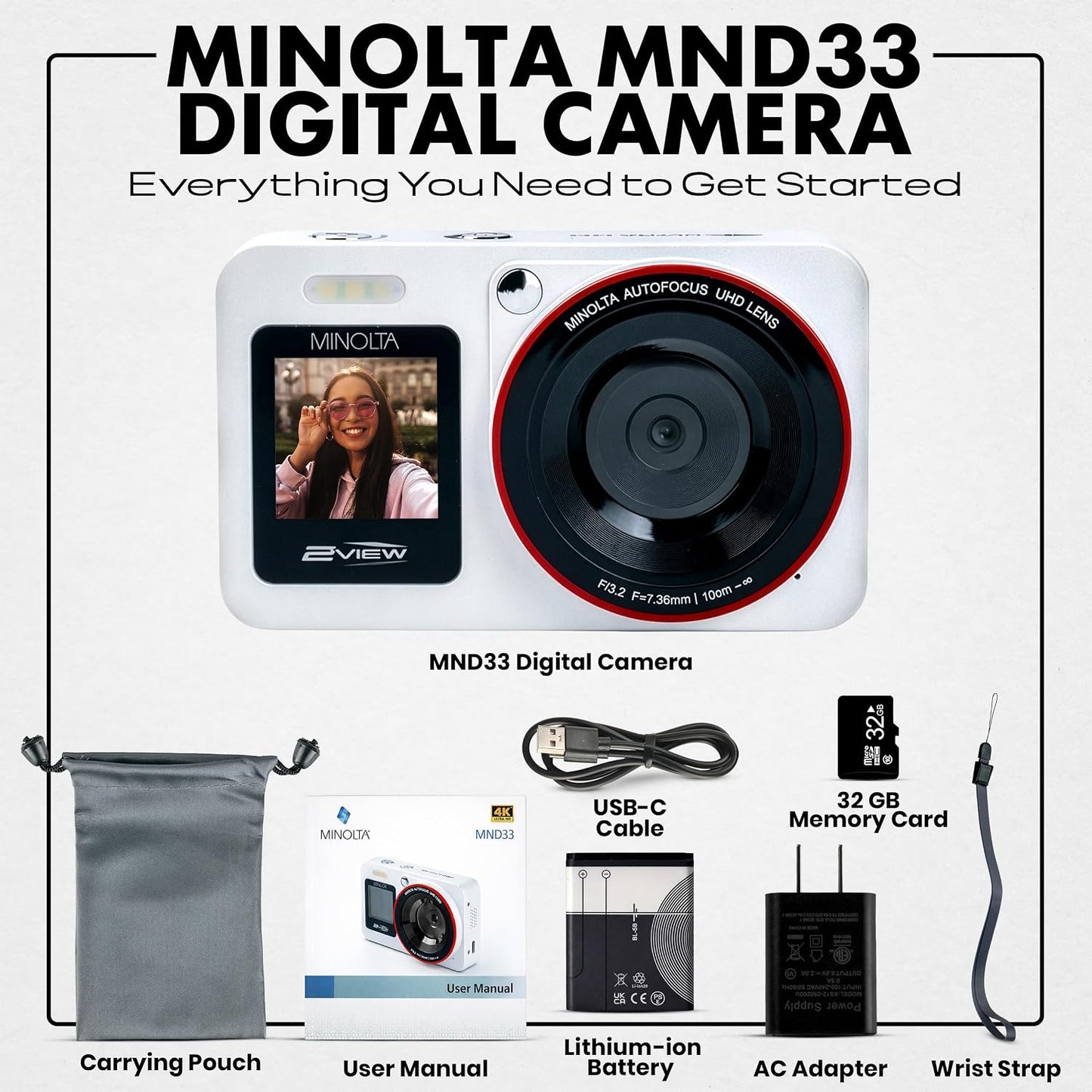 Minolta Cámara digital de 64 MP, 2 vistas, video 4K Ultra HD, panta...