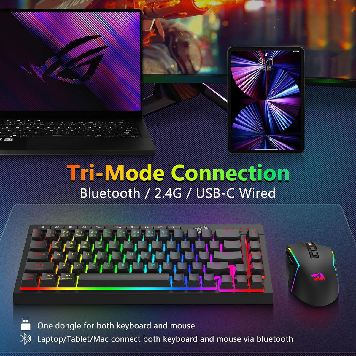Redragon Combo de teclado y mouse inalámbricos para juegos, Bluetoo...