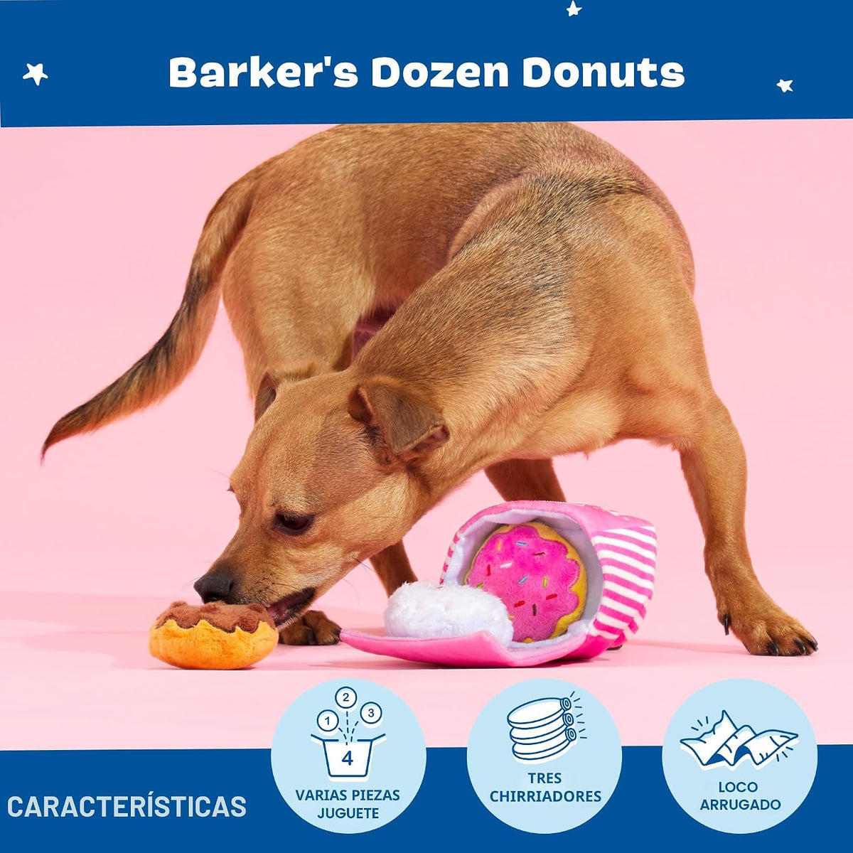 BarkBox Barker's Dozen Donuts 4 en 1 - Juguete interactivo de p...
