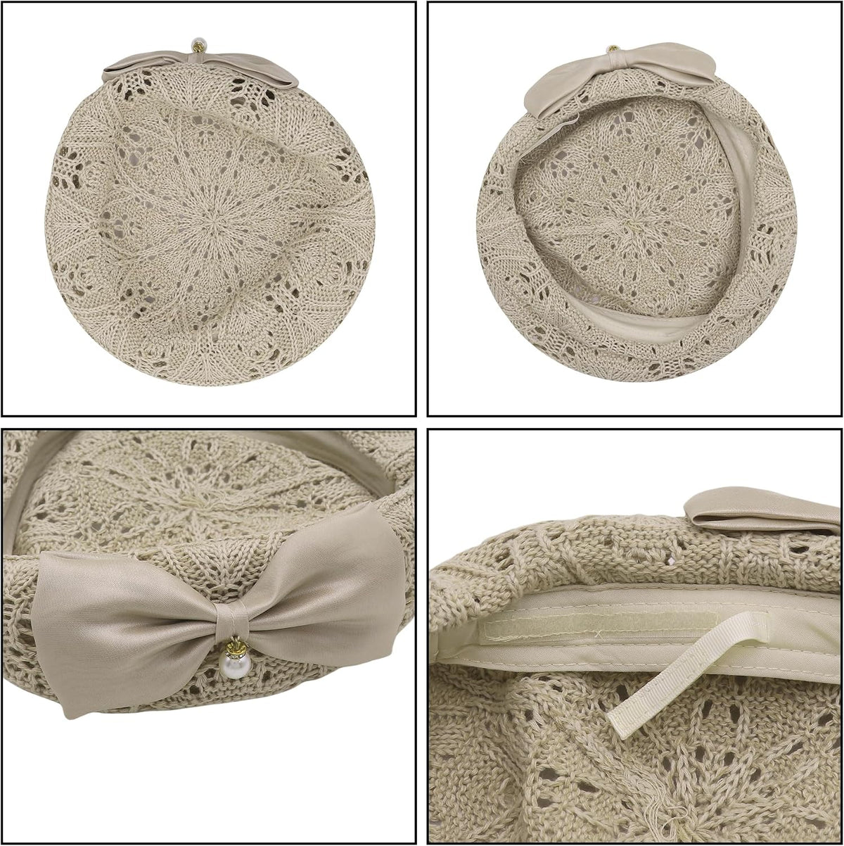 JASASCCEL Boina con lazo para mujer, elegante perla de punto de gan...