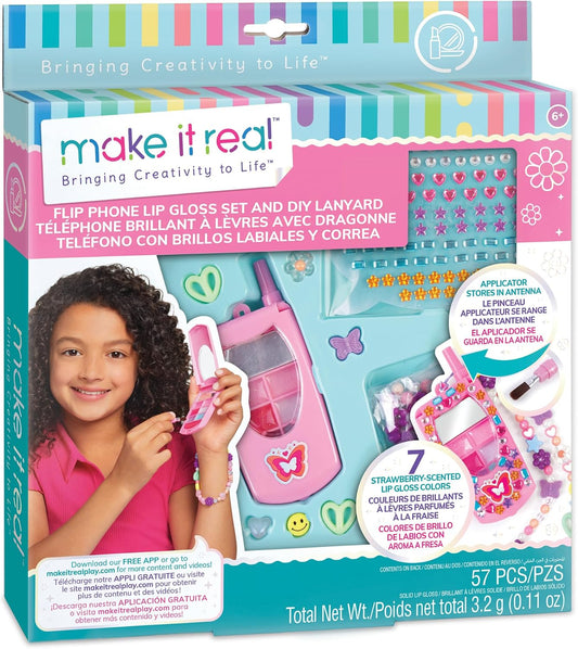 3C4G Make It Real Flip Phone - Juego de brillo de labios y cordón p...