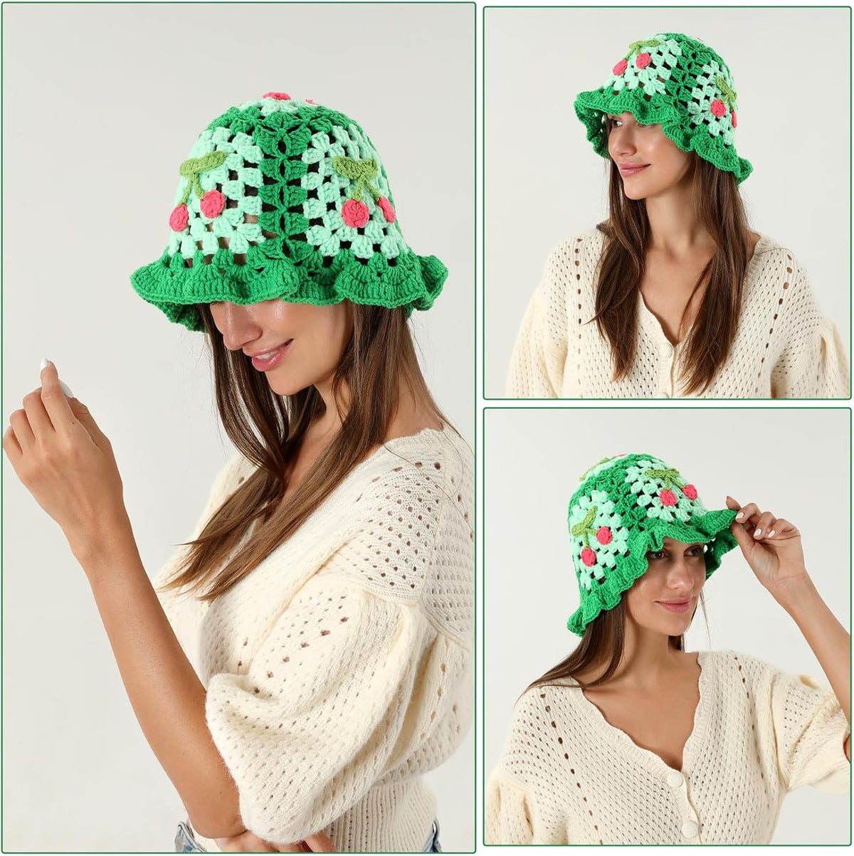 Fiewmay Sombrero de pescador de ganchillo para mujer, hecho a mano,...