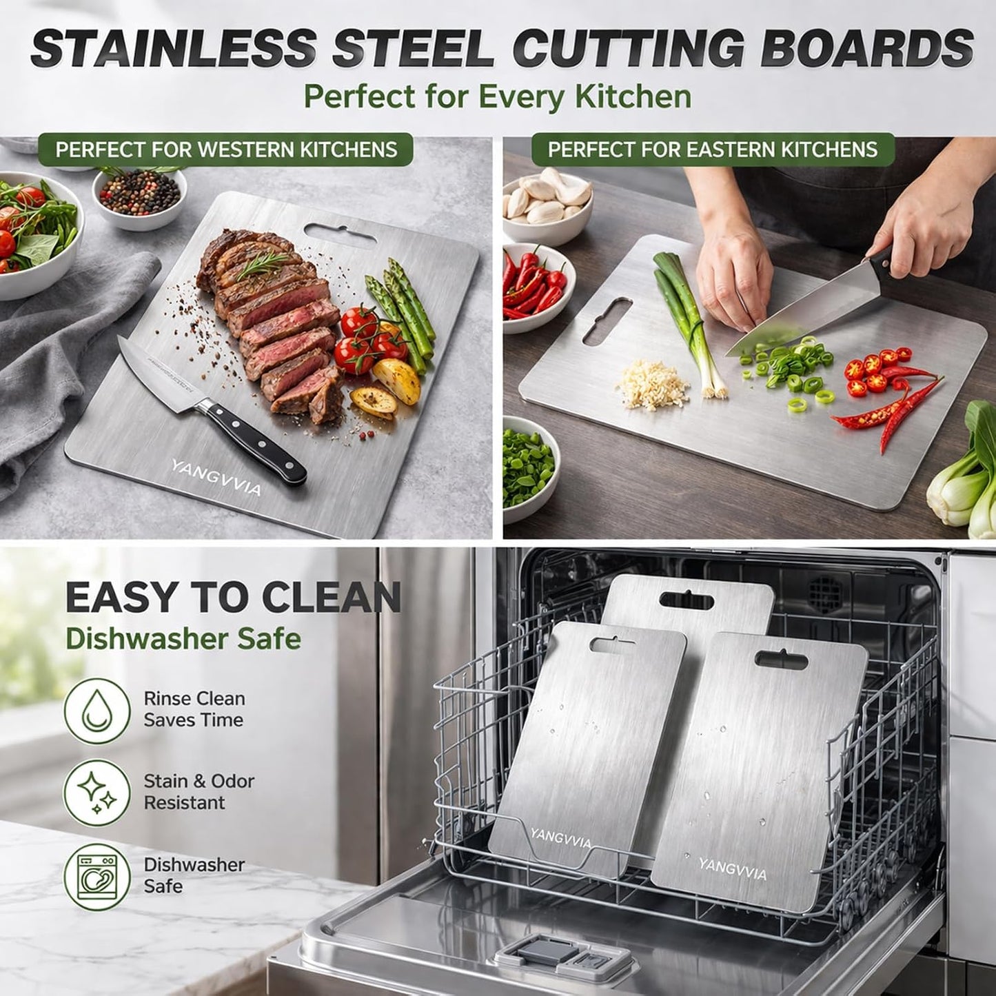 Juego de 3 tablas de cortar de acero inoxidable de grado alimentici...