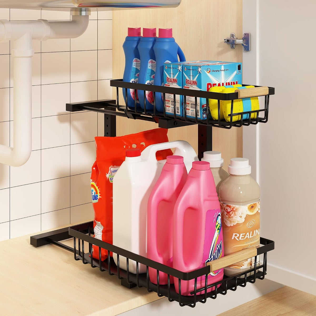 REALINN Organizador para debajo del fregadero, ajustable de 2 nivel...
