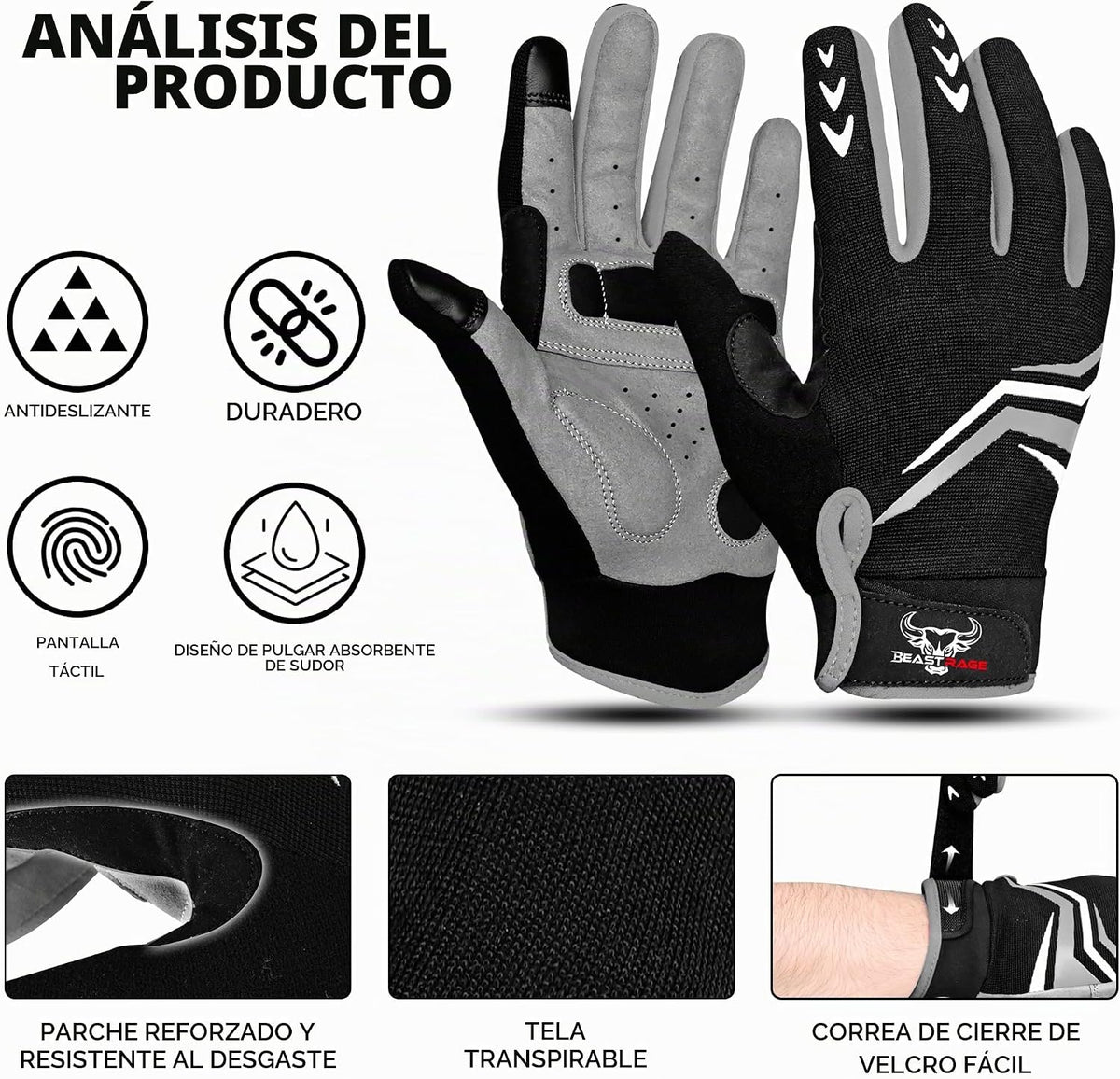 BEAST RAGE Guantes de ciclismo de dedo completo con acolchado para...