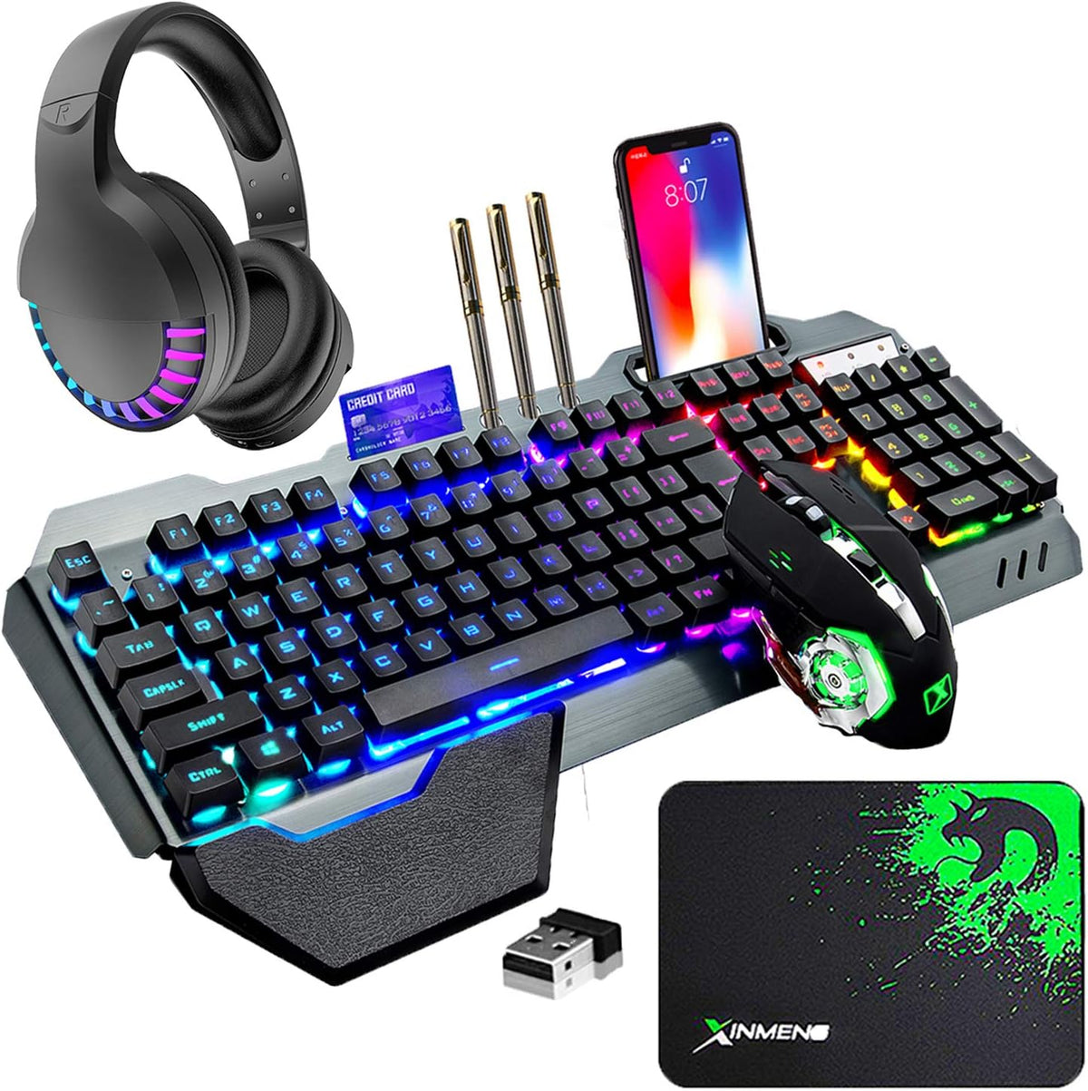 Kit de teclado de membrana inalámbrica para juegos y mouse y auricu...