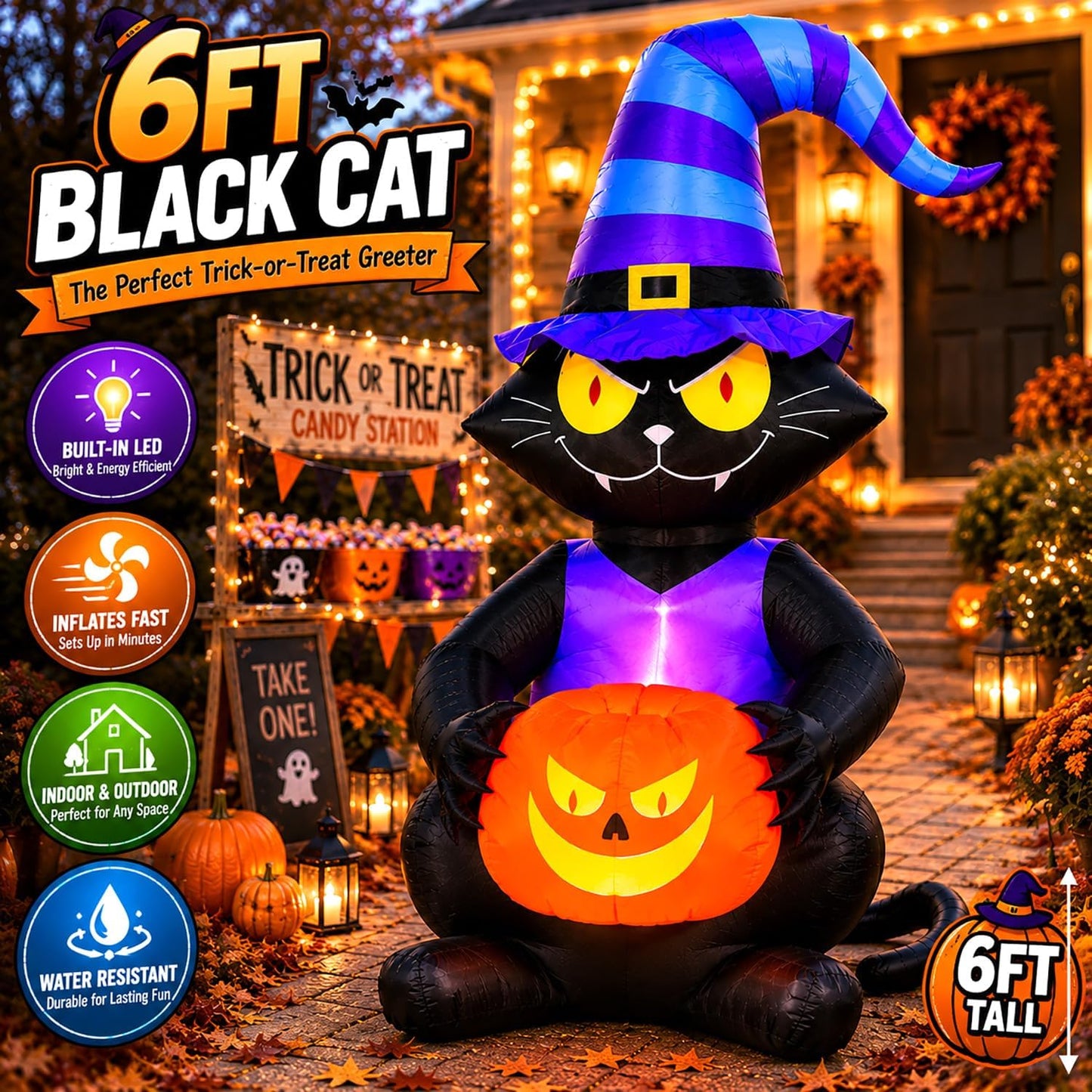 Gato negro inflable de Halloween de 6 pies, decoración de patio ilu...