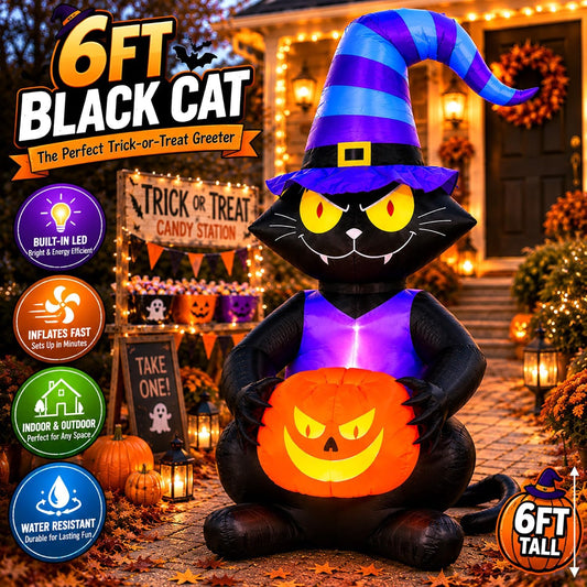 Gato negro inflable de Halloween de 6 pies, decoración de patio ilu...