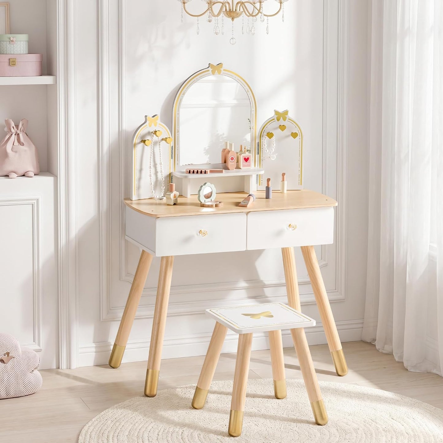 ROBUD Juego de mesa y silla para niños, juego de tocador para niñas...