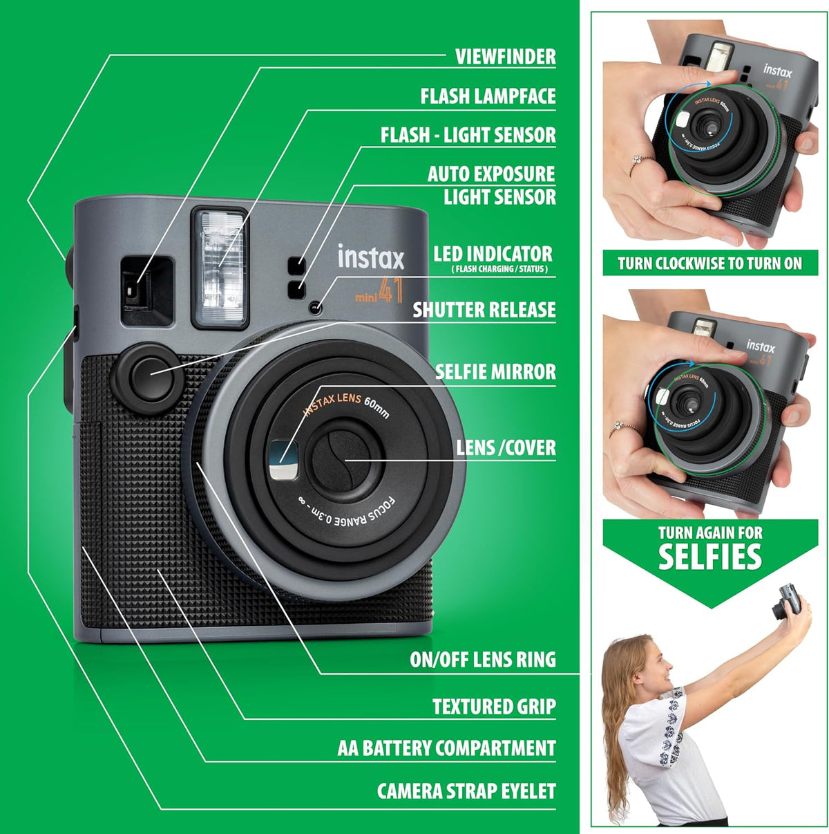 Fujifilm Cámara Instax Mini 41 de película instantánea negra + paqu...