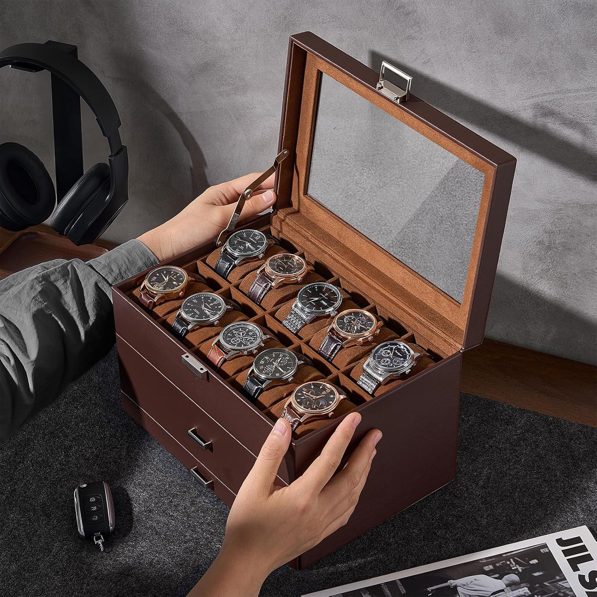 ProCase Caja de reloj con 20 ranuras para hombre, vitrina de reloj...