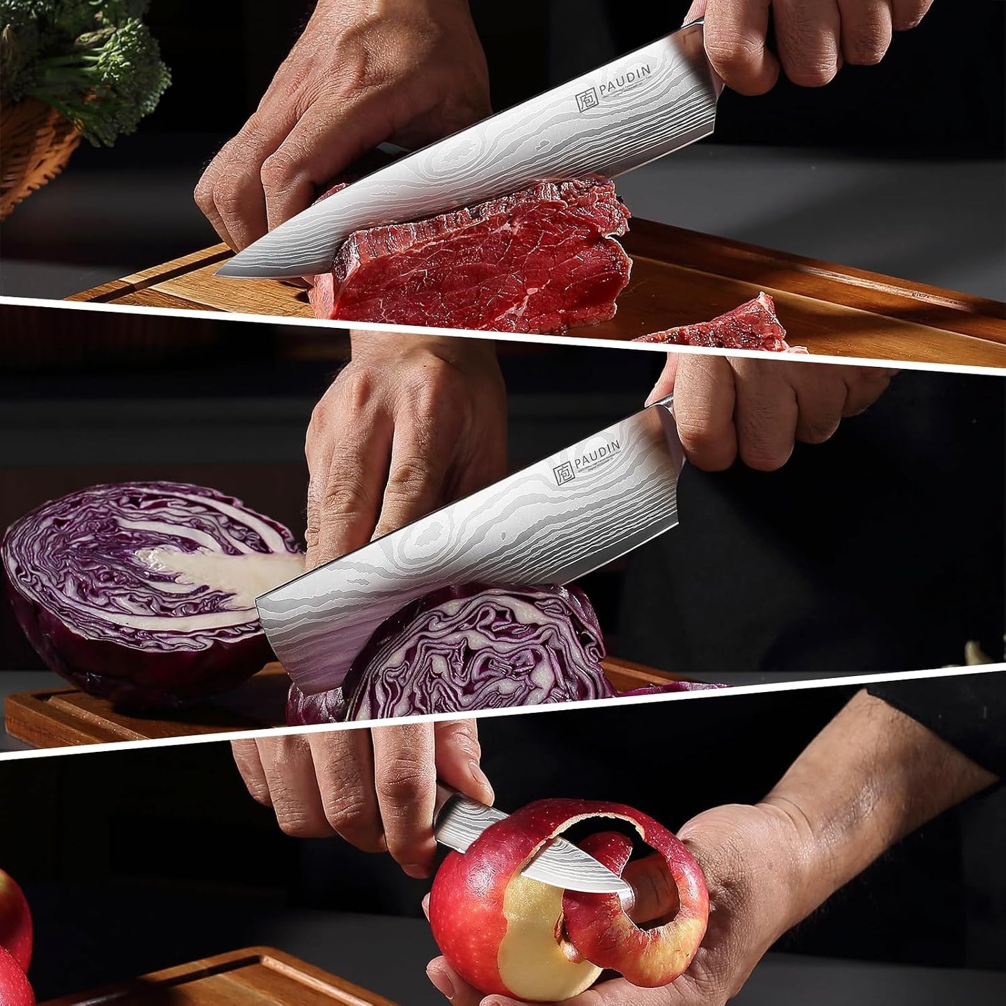 PAUDIN Juego de cuchillos de cocina, 3 piezas de acero inoxidable d...
