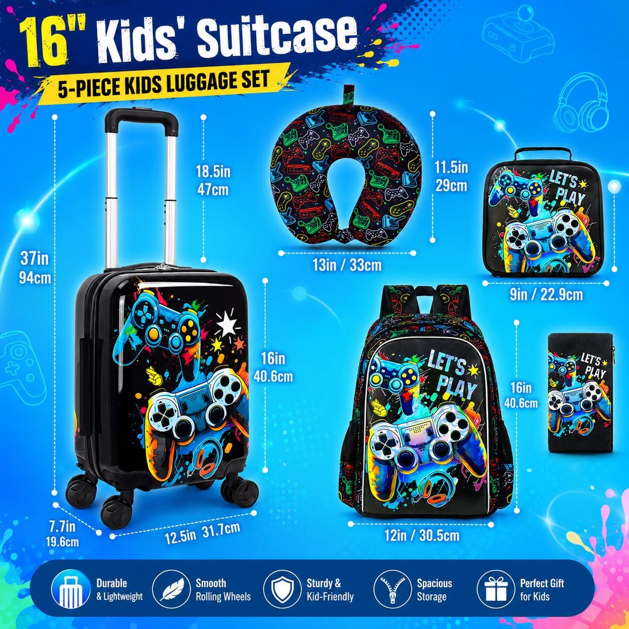 Juego de 5 maletas para niños, aprobado por aerolíneas con ruedas g...